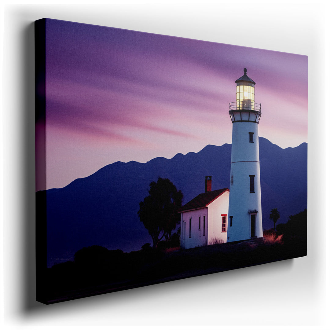 canvas print on wrapped canvas for wall decor – This evocative wall art captures the serene beauty of a coastal landscape at dusk, featuring a majestic white lighthouse...