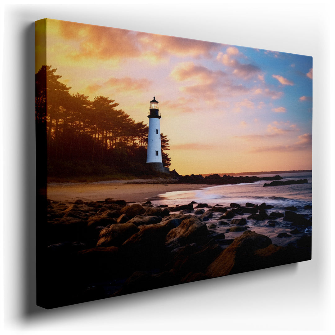 canvas print on wrapped canvas for wall decor – This captivating wall art portrays a picturesque coastal landscape dominated by a majestic lighthouse that stands as a s...