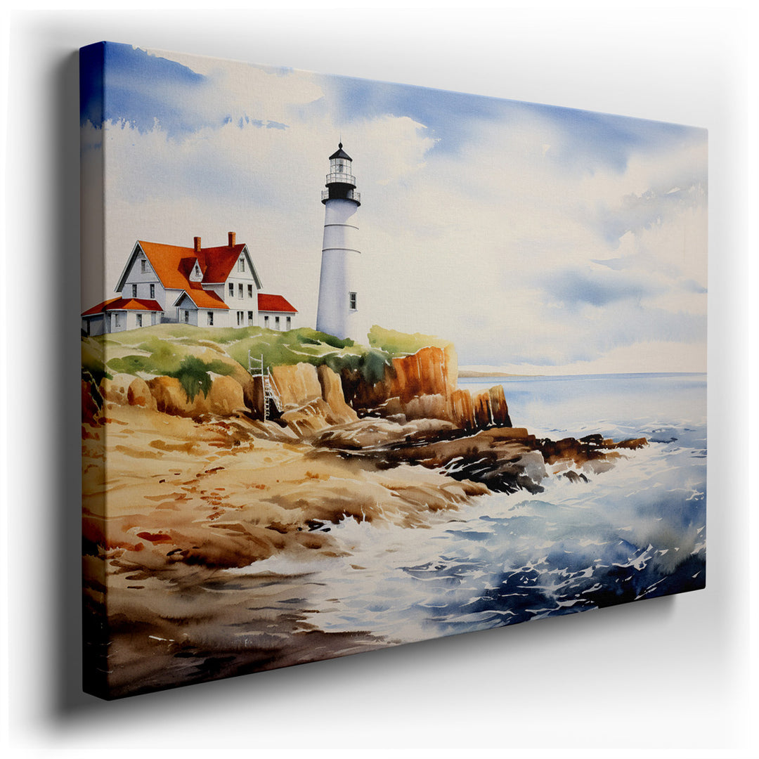 canvas print on wrapped canvas for wall decor – This exquisite watercolor wall art captures the serene and tranquil essence of a coastal landscape, dominated by a majes...