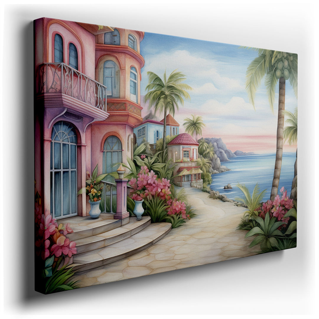 canvas print on wrapped canvas for wall decor – The wall art captures a serene coastal pathway, a picturesque scene that embodies the tranquil allure of island life. As...