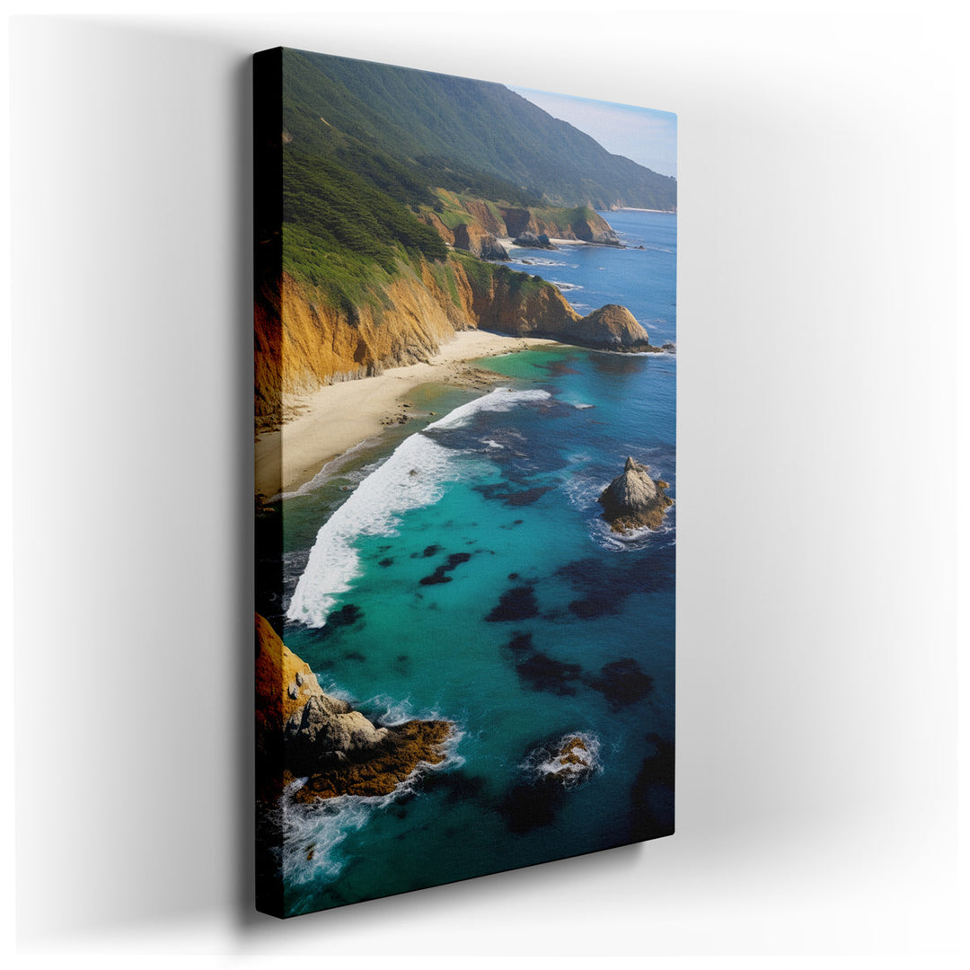 canvas print on wrapped canvas for wall decor – This exquisite wall art portrays a mesmerizing coastal landscape, where the majesty of rugged cliffs meets the serene em...