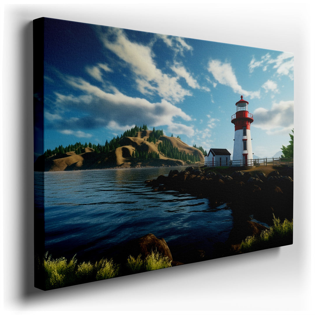 canvas print on wrapped canvas for wall decor – This enchanting wall art captures a serene coastal landscape dominated by a charming lighthouse, standing as a beacon of...