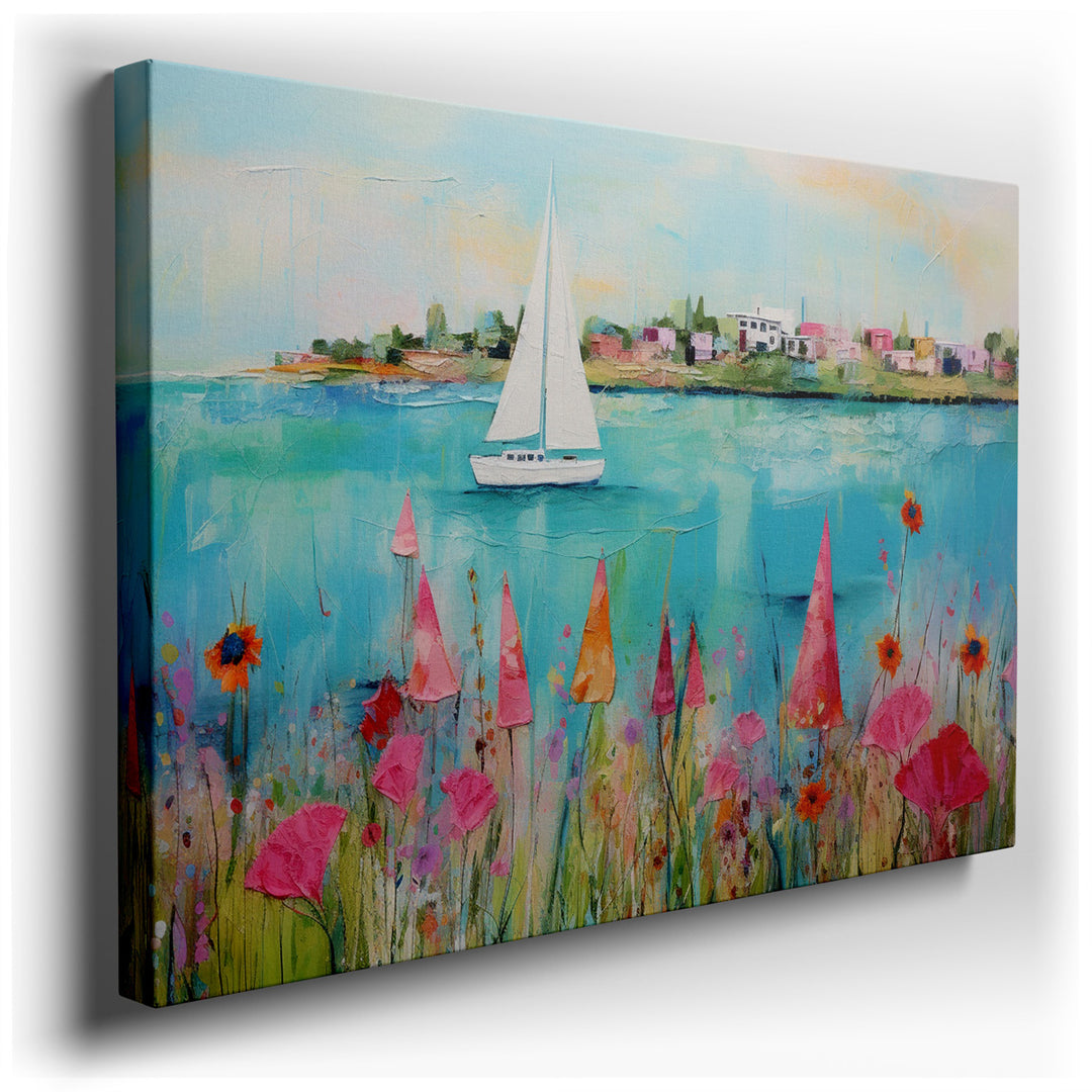 canvas print on wrapped canvas for wall decor – This enchanting wall art captures a serene coastal landscape, where a solitary sailboat gracefully glides through calm,...