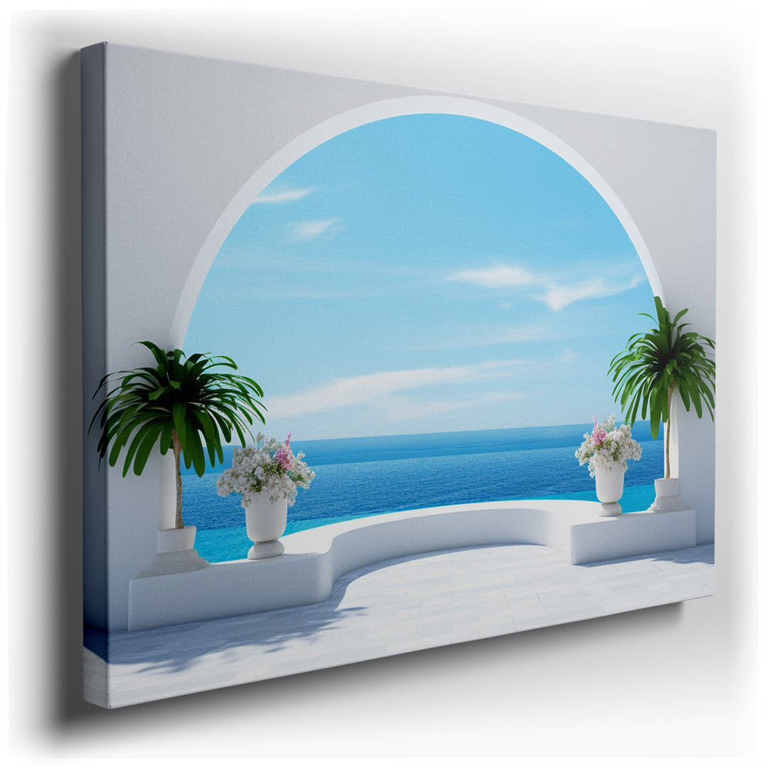 canvas print on wrapped canvas for wall decor – This wall art, a masterpiece of serene beauty, captures a picturesque coastal scene viewed through a minimalist open arc...