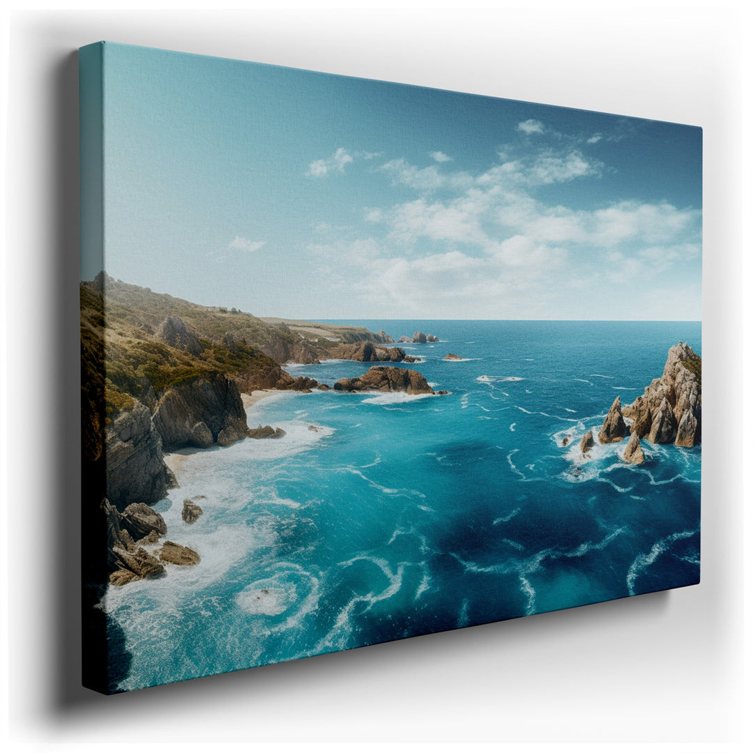 canvas print on wrapped canvas for wall decor – This wall art is a masterful depiction of a serene coastal landscape, where the tranquil blue waters of the ocean stretc...