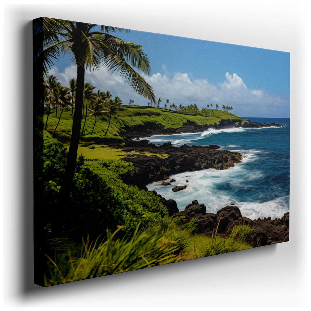 canvas print on wrapped canvas for wall decor – This exquisite wall art captures the serene beauty of a coastal landscape where lush, verdant hills gracefully descend t...