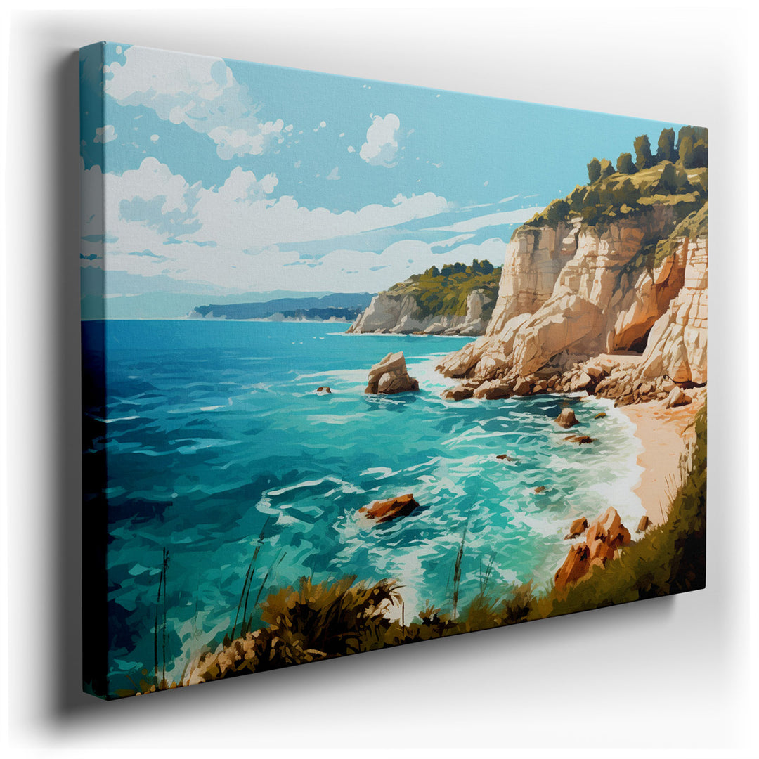 canvas print on wrapped canvas for wall decor – This exquisite wall art portrays a tranquil coastal landscape, where the vivid azure waters meet a rugged, rocky shoreli...
