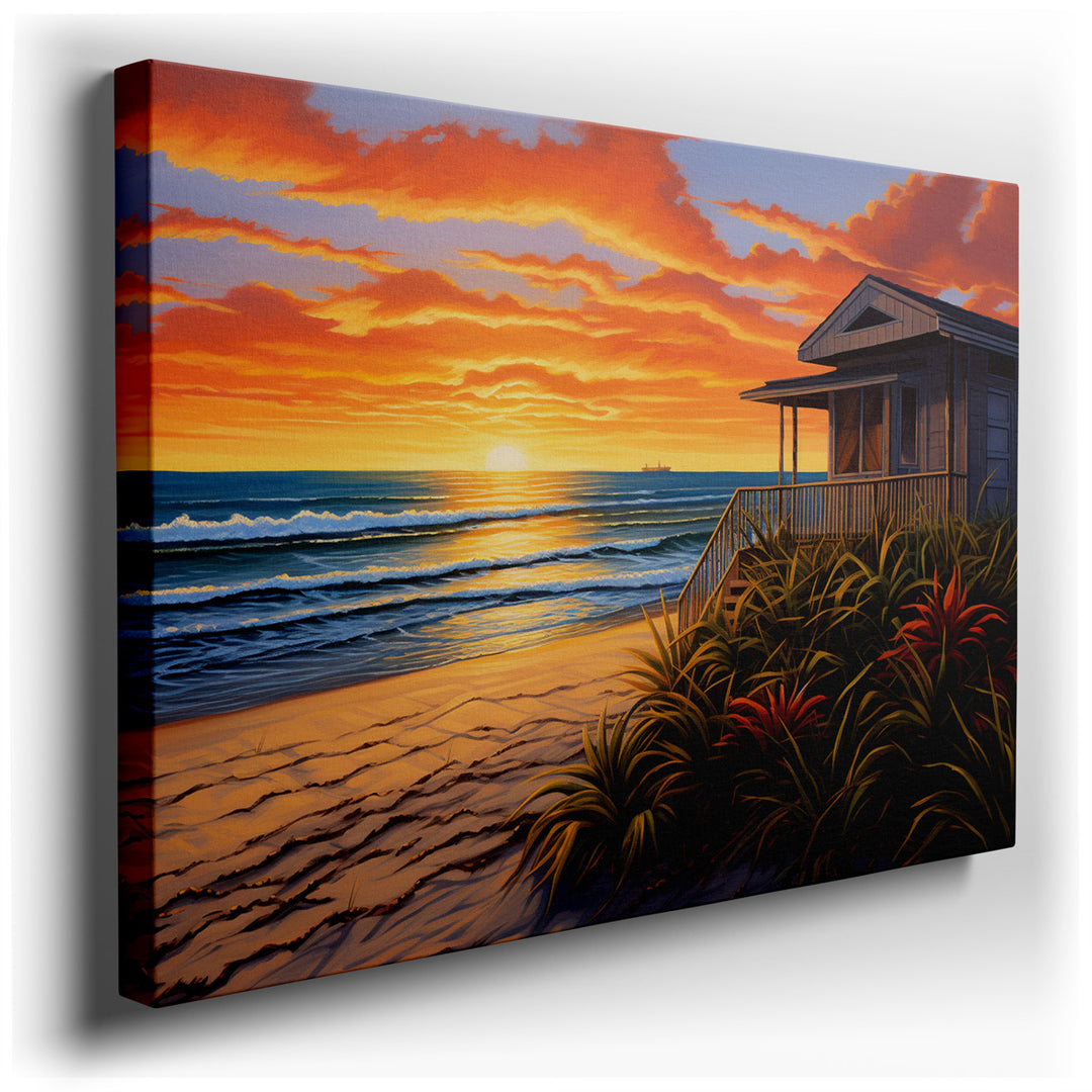 canvas print on wrapped canvas for wall decor – This enchanting wall art captures the serene beauty of a coastal landscape at sunset, featuring a weathered beach house...
