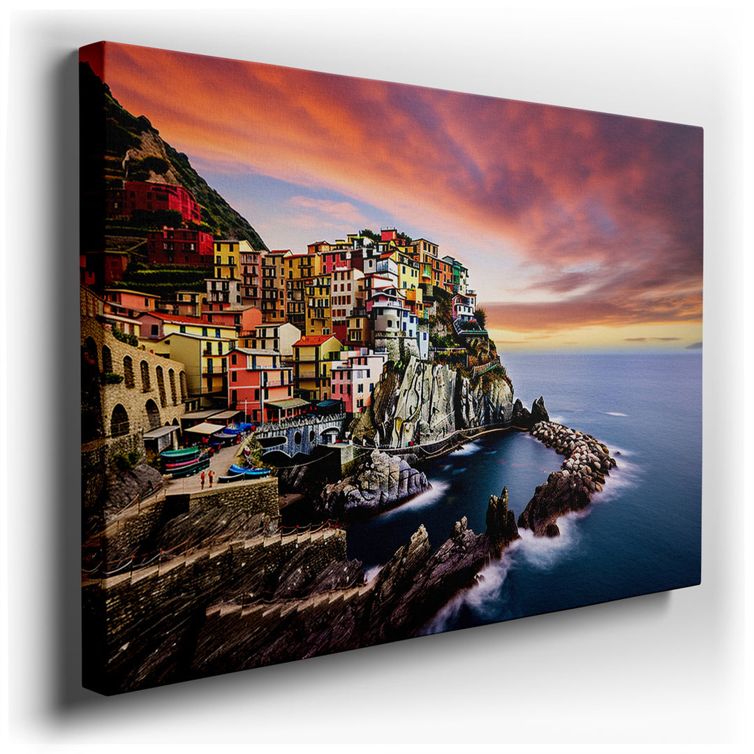 canvas print on wrapped canvas for wall decor – Imagine a wall art that captures the essence of a serene coastal village at the magical hour of sunset. This artwork, ri...