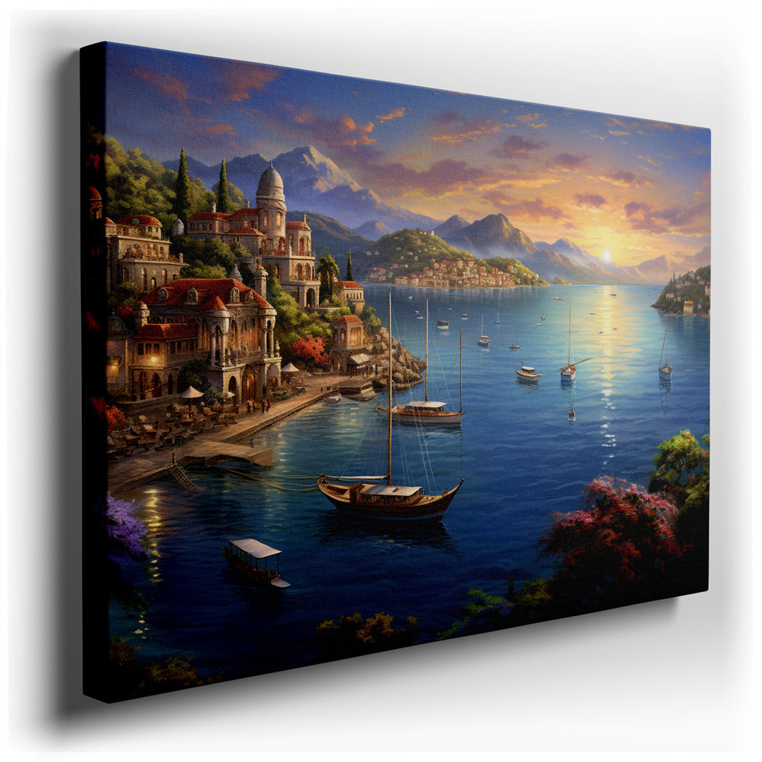 canvas print on wrapped canvas for wall decor – Imagine a wall art that captures the essence of a tranquil coastal village at sunset, where the last rays of the sun bat...