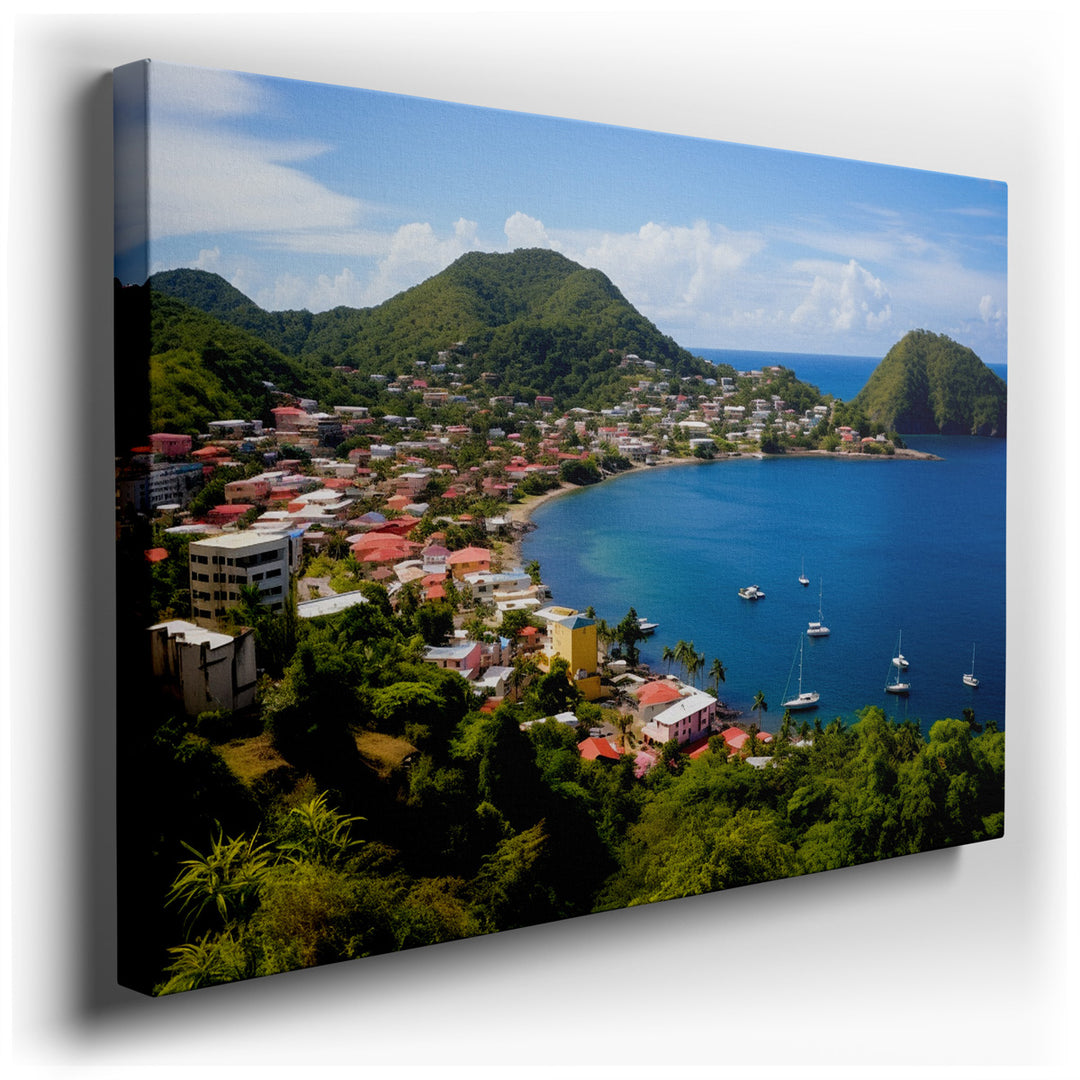 canvas print on wrapped canvas for wall decor – This wall art captures the essence of a serene coastal town, nestled in a picturesque bay where the lush green hills mee...