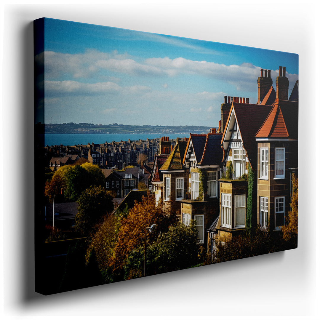 canvas print on wrapped canvas for wall decor – This enchanting wall art captures the serene beauty of a coastal village, where the sun-drenched facades of quaint house...