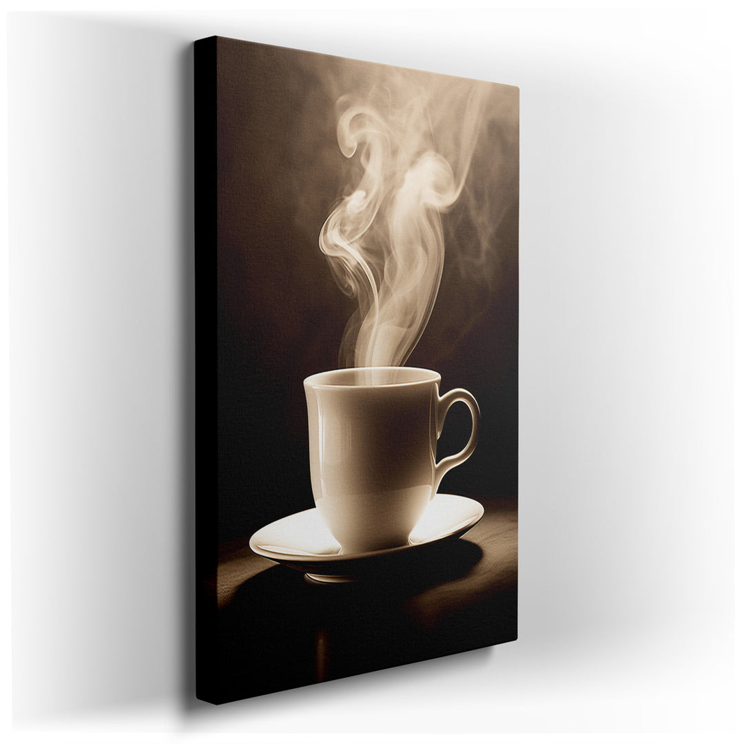 canvas print on wrapped canvas for wall decor – This wall art, an exquisite depiction of a simple yet profoundly comforting scene, portrays a pristine white cup of coff...