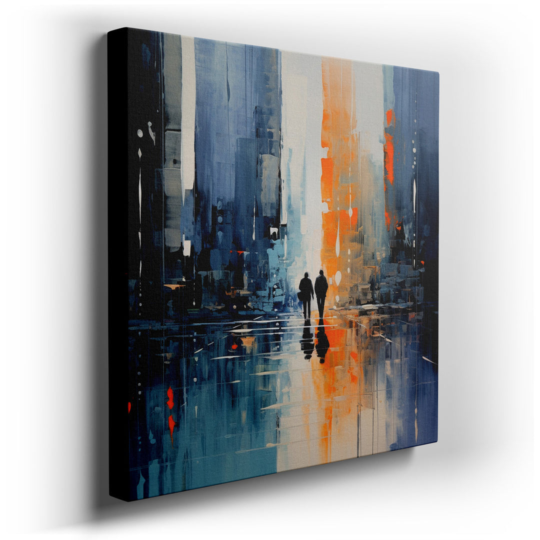 canvas print on wrapped canvas for wall decor – This exquisite wall art captures a moment of serene companionship amidst the vibrant pulse of a bustling city. The artwo...