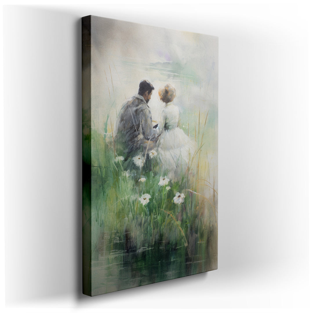 canvas print on wrapped canvas for wall decor – This exquisite wall art captures a serene and romantic scene that is both timeless and evocative. It portrays a couple s...