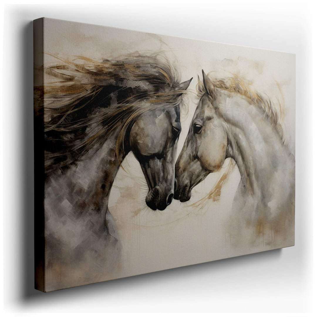 canvas print on wrapped canvas for wall decor – This wall art, a masterful depiction of two horses, exudes a profound sense of connection and unity through its delicate...