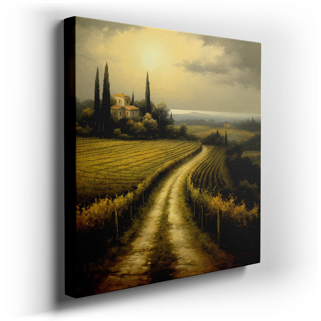 canvas print on wrapped canvas for wall decor – This captivating wall art, with its serene depiction of a country road winding through lush vineyards under a canopy of...