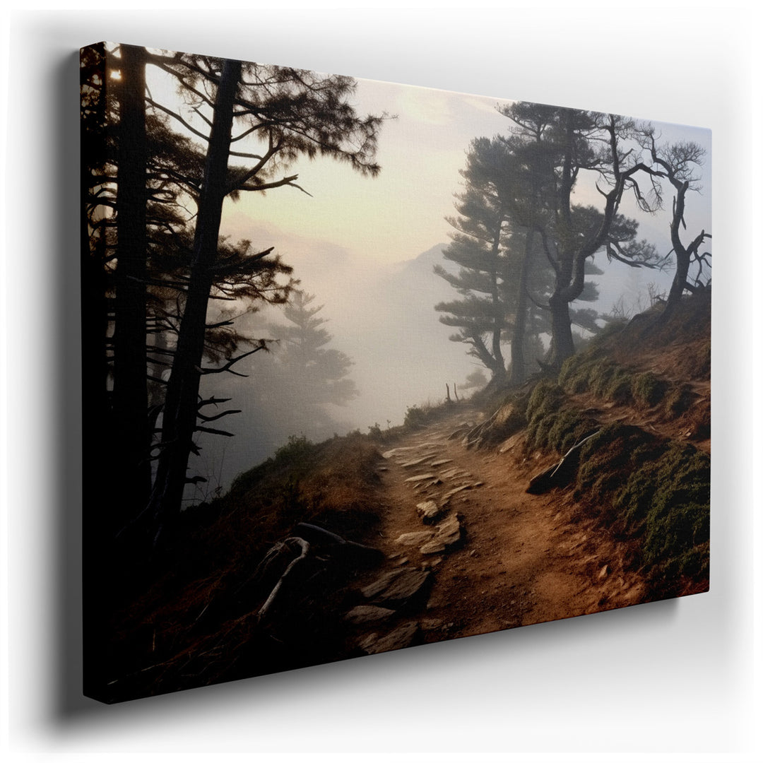 canvas print on wrapped canvas for wall decor – This enchanting wall art captures a serene forest scene at dawn, where a winding path invites viewers into a realm of tr...