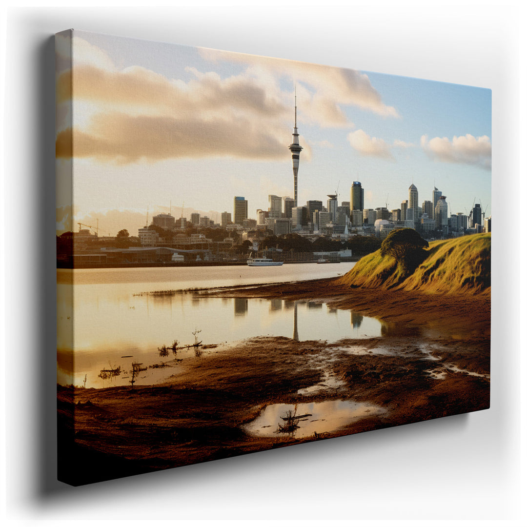 canvas print on wrapped canvas for wall decor – Imagine a wall art that captures the essence of Auckland at the break of dawn, a moment when the city whispers the day a...