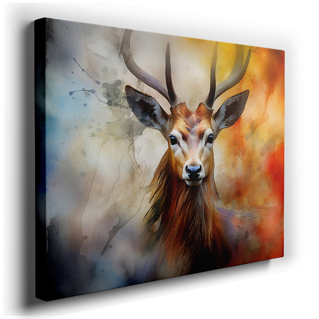 canvas print on wrapped canvas for wall decor – This exquisite wall art portrays a deer, rendered with a masterful use of warm hues that evoke a deep, almost tangible c...