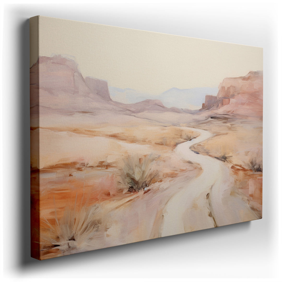 canvas print on wrapped canvas for wall decor – This wall art, a serene depiction of a tranquil desert landscape, offers a visual journey through a vast, undisturbed wi...