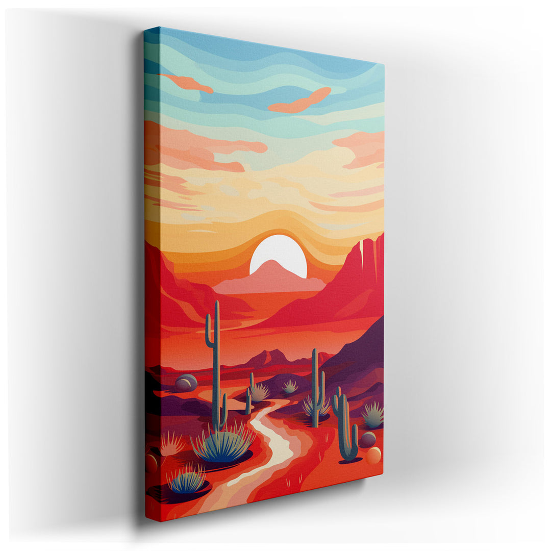 canvas print on wrapped canvas for wall decor – This captivating digital illustration, designed to transport viewers to a serene yet adventurous desert landscape at sun...