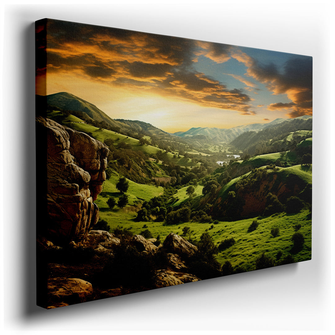canvas print on wrapped canvas for wall decor – This wall art, a masterful depiction of a serene landscape at dusk, captures the enchanting moment when the sun sets beh...