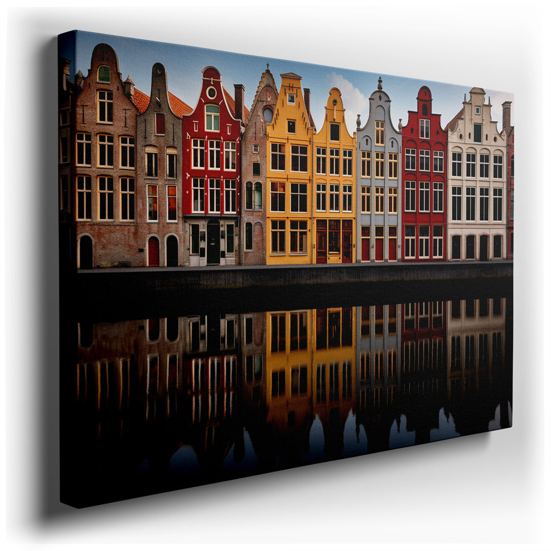 canvas print on wrapped canvas for wall decor – This enchanting wall art offers a serene depiction of a quintessential Dutch townscape, characterized by its vibrant, ga...