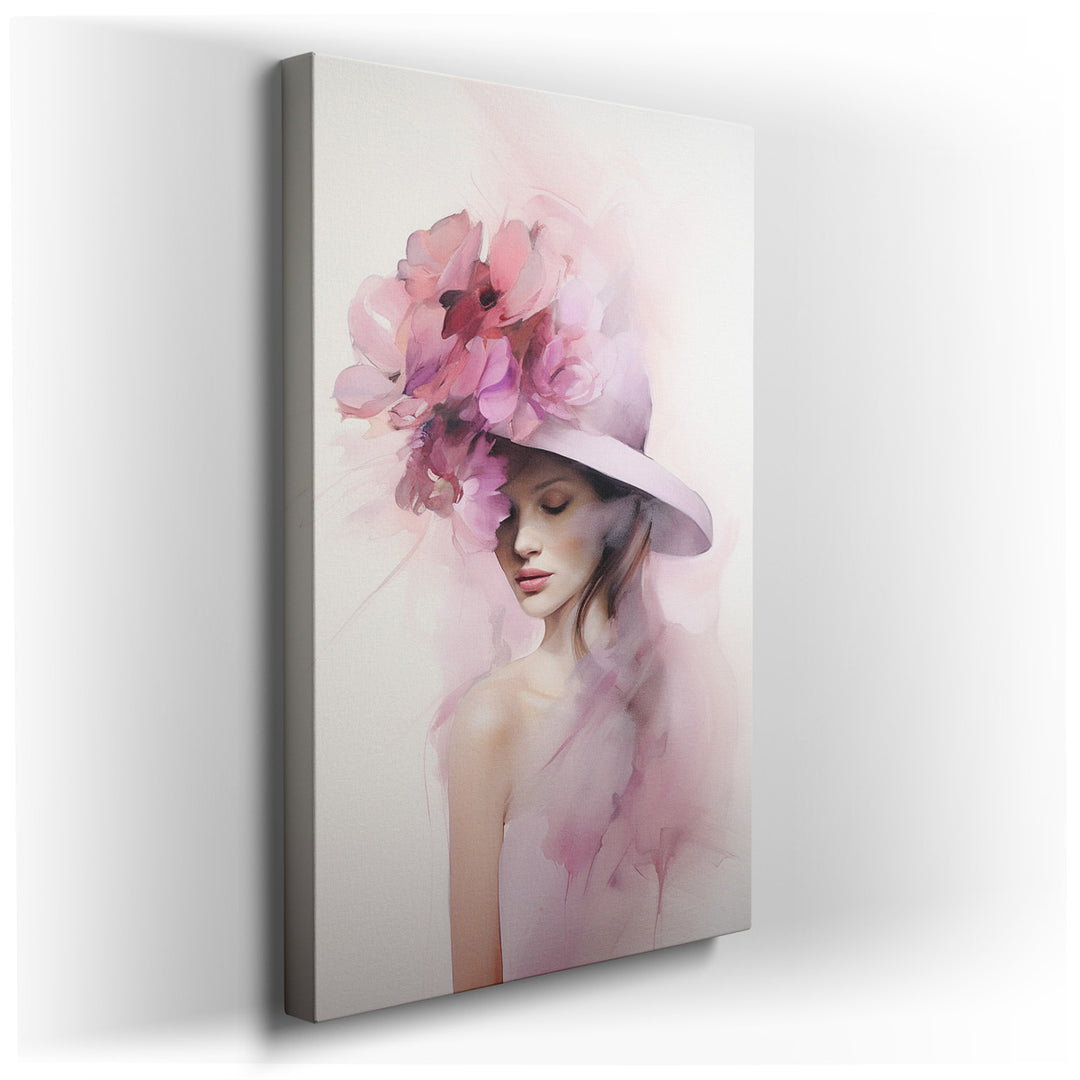 canvas print on wrapped canvas for wall decor – This enchanting wall art portrays a woman adorned with a flowing veil of flowers, gracefully perched atop her pink hat,...