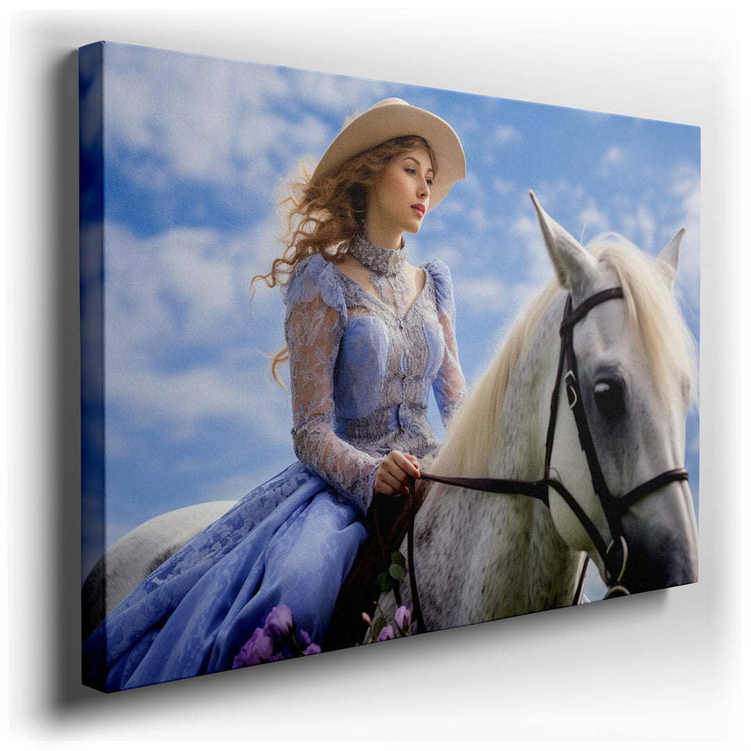 canvas print on wrapped canvas for wall decor – This wall art captures a moment of serene beauty and elegance, featuring a young woman dressed in a flowing blue gown, s...