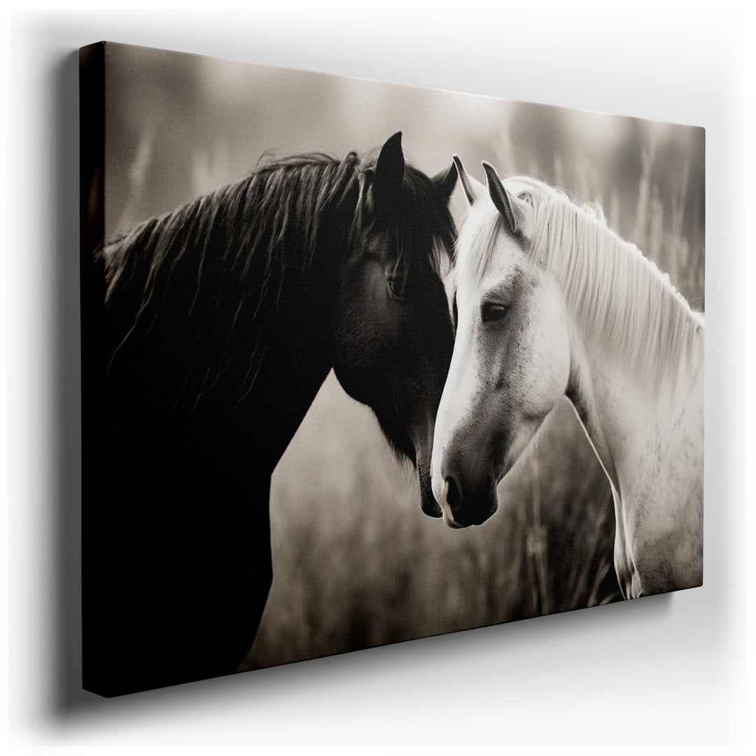 canvas print on wrapped canvas for wall decor – This exquisite black and white photograph, featuring two horses tenderly touching their foreheads, is a masterful portra...