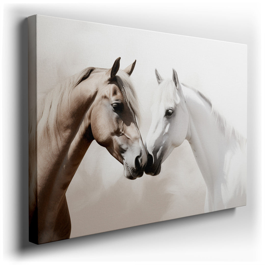 canvas print on wrapped canvas for wall decor – This wall art, a masterful depiction of equine grace and companionship, portrays an intimate moment between two horses—o...