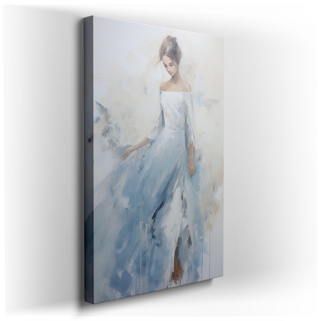 canvas print on wrapped canvas for wall decor – This wall art, a captivating portrayal of an ethereal woman clad in a flowing gown, stands as a testament to the power o...