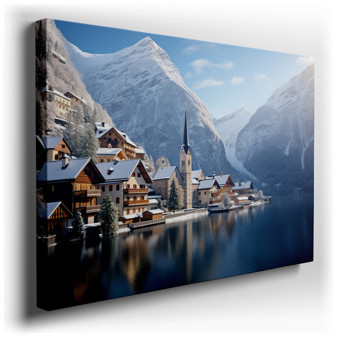 canvas print on wrapped canvas for wall decor – Imagine a wall art that encapsulates the serene beauty of a European village during the winter season. This artwork, wit...