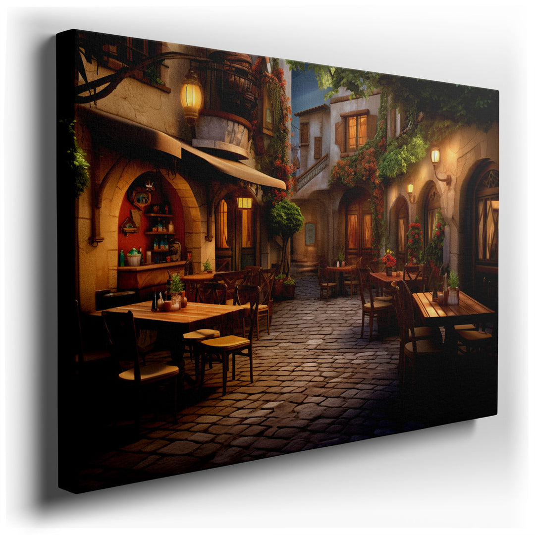 canvas print on wrapped canvas for wall decor – This enchanting wall art captures the essence of a serene evening in a quaint village, where the cobblestone streets whi...