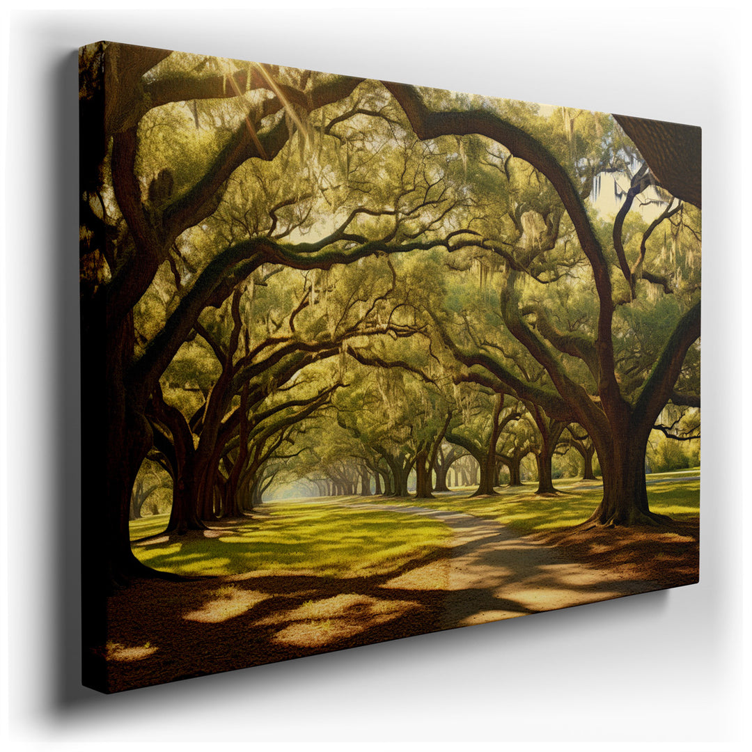 canvas print on wrapped canvas for wall decor – This enchanting wall art captures the essence of a tranquil forest scene, where the majestic beauty of an oak canopy unf...