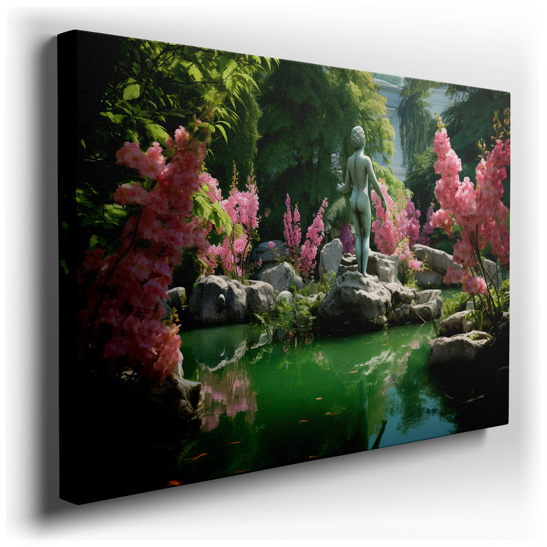 canvas print on wrapped canvas for wall decor – This wall art, a masterful depiction of a garden oasis, is a true feast for the senses, meticulously crafted to transpor...