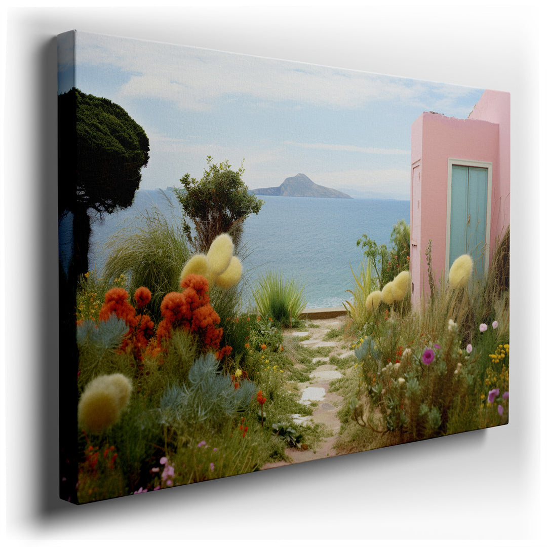 canvas print on wrapped canvas for wall decor – This enchanting wall art captures the essence of a serene garden pathway, meticulously adorned with a kaleidoscope of co...