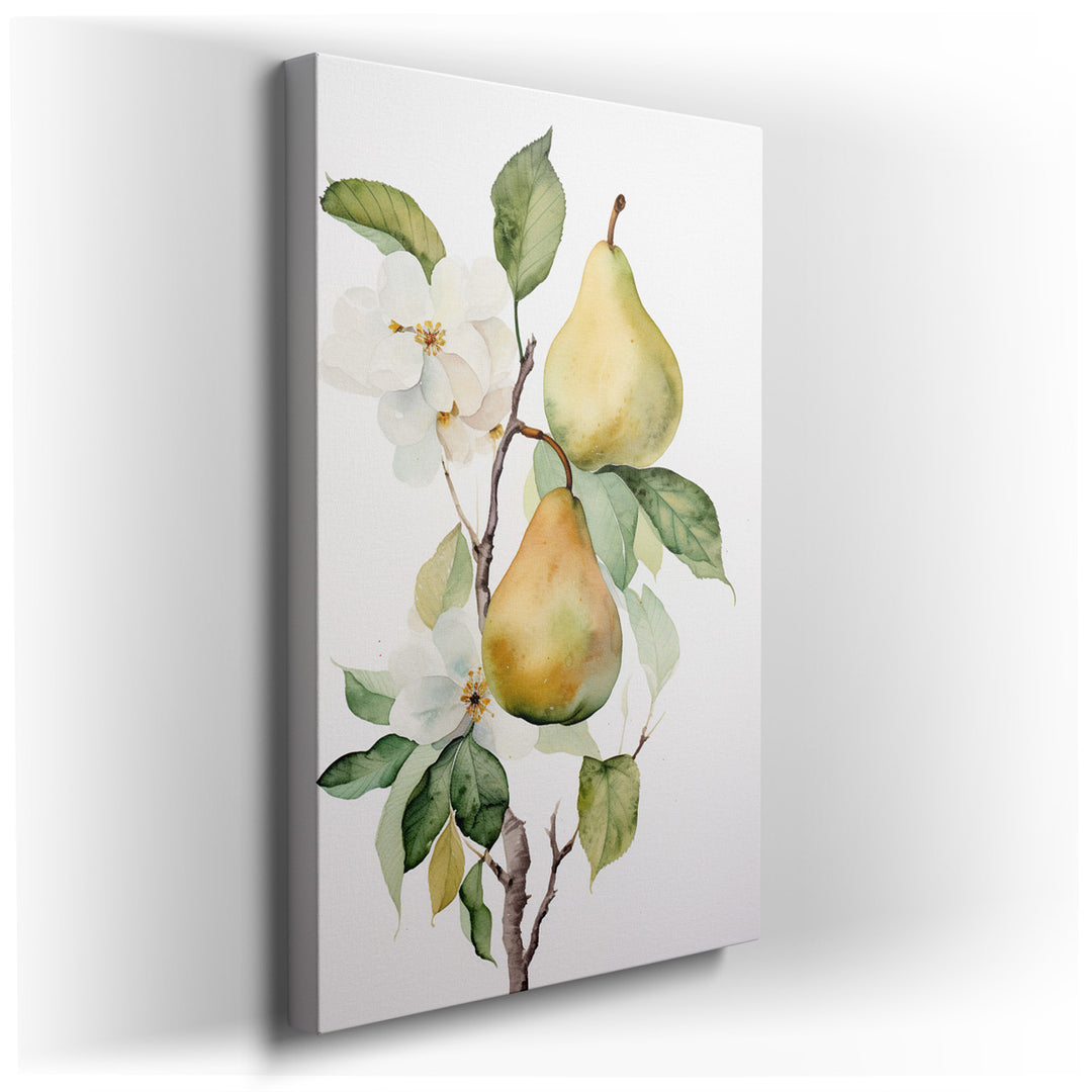 canvas print on wrapped canvas for wall decor – This exquisite watercolor wall art, a masterful depiction of nature's serene beauty, features two lusciously ripe pears...