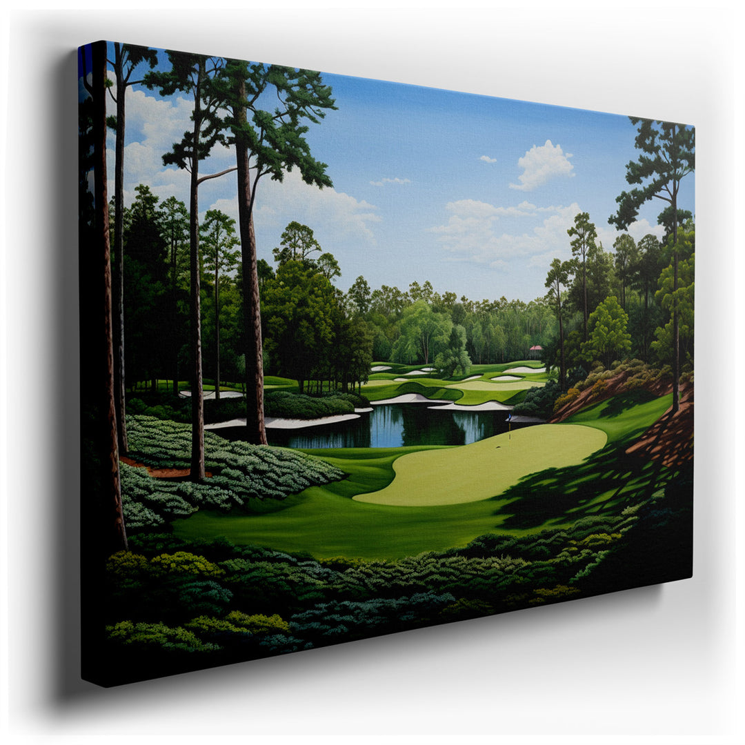 canvas print on wrapped canvas for wall decor – This exquisite landscape wall art captures the essence of a tranquil golf course, masterfully rendered to transport view...