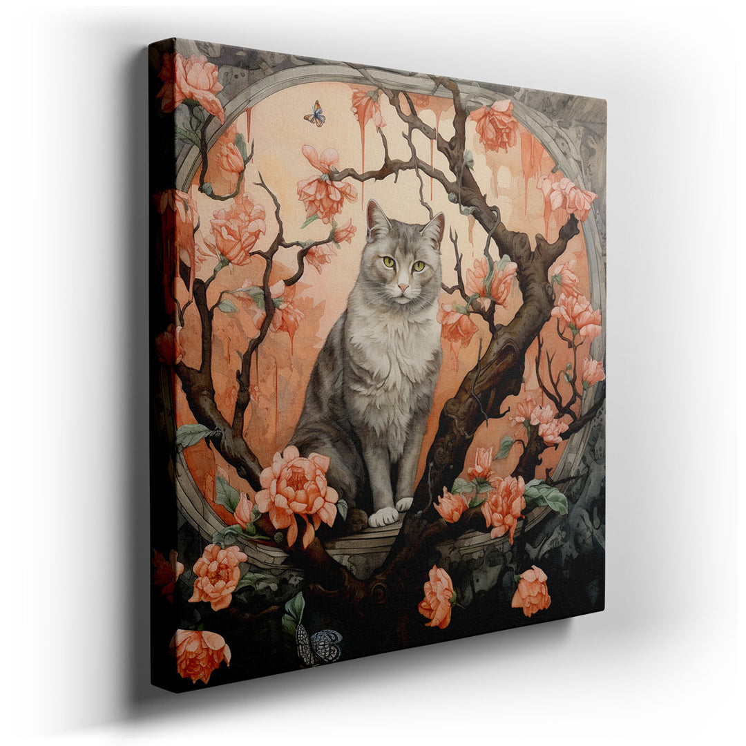 canvas print on wrapped canvas for wall decor – This exquisite wall art captures the serene beauty of a gracefully illustrated gray cat nestled amidst a lush array of b...