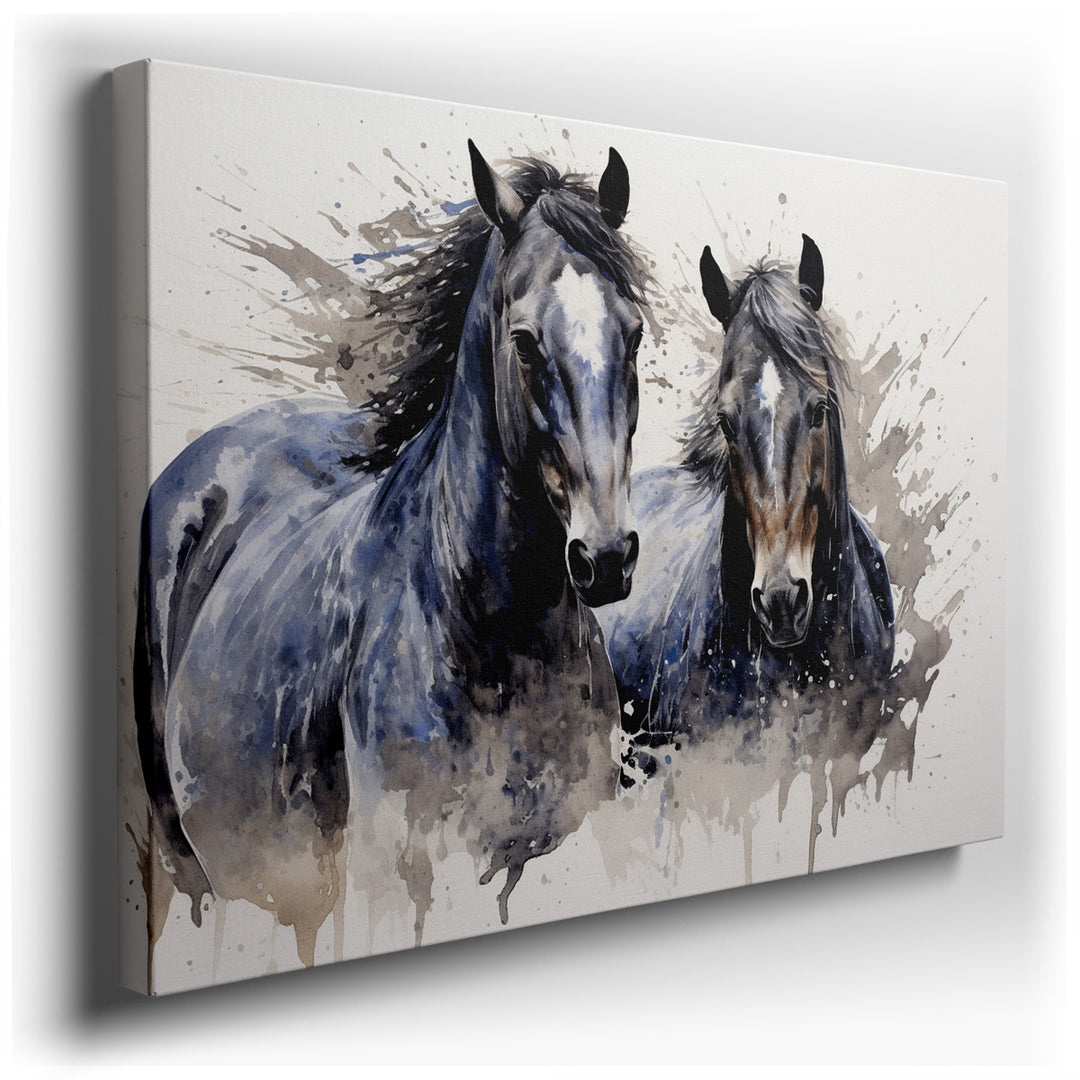 canvas print on wrapped canvas for wall decor – This wall art, a captivating portrayal of two serene gray horses, is an artwork that exudes tranquility and elegance thr...