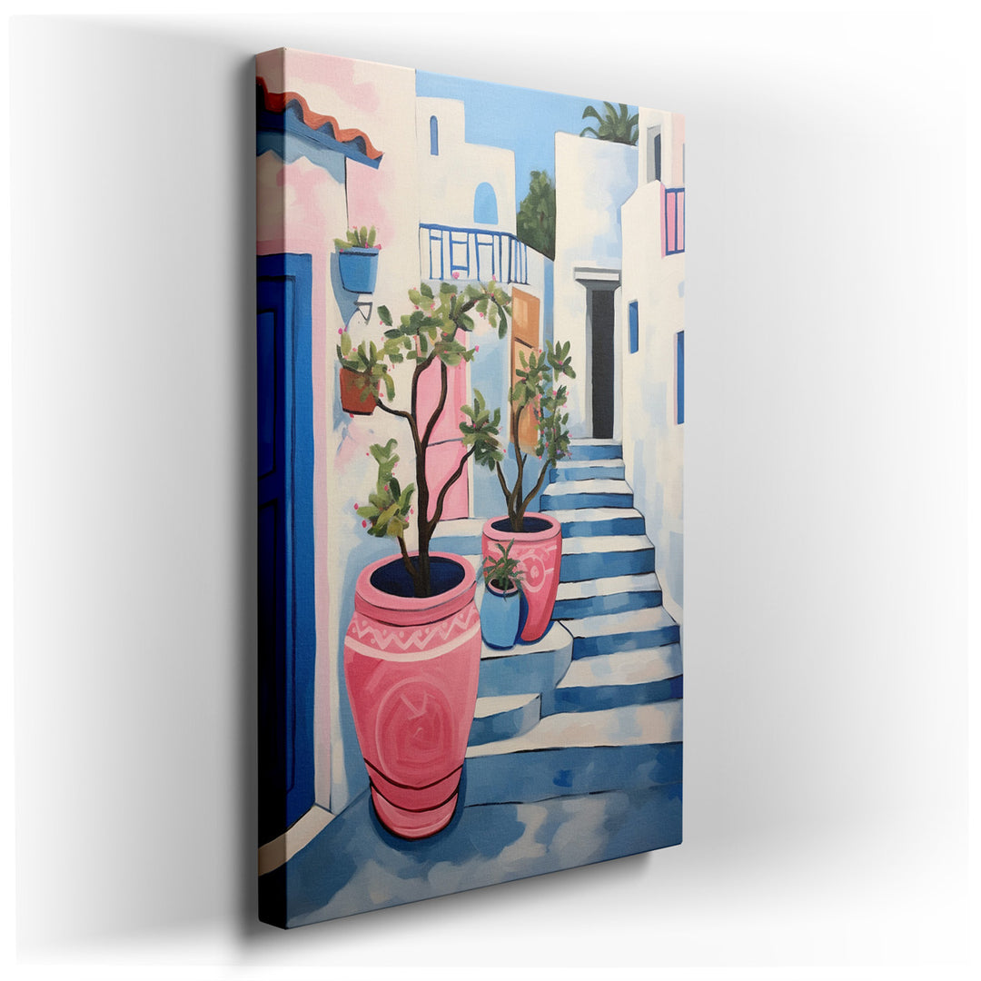 canvas print on wrapped canvas for wall decor – This enchanting wall art captures the essence of a serene Greek-style alleyway, inviting viewers to step into a world wh...