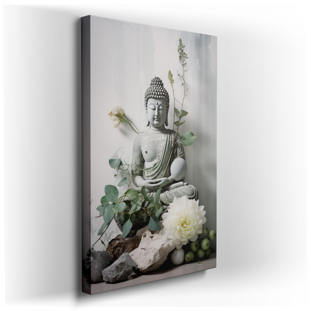 canvas print on wrapped canvas for wall decor – The wall art in question is a captivating portrayal of a striking green Buddha sculpture, meticulously nestled among a l...