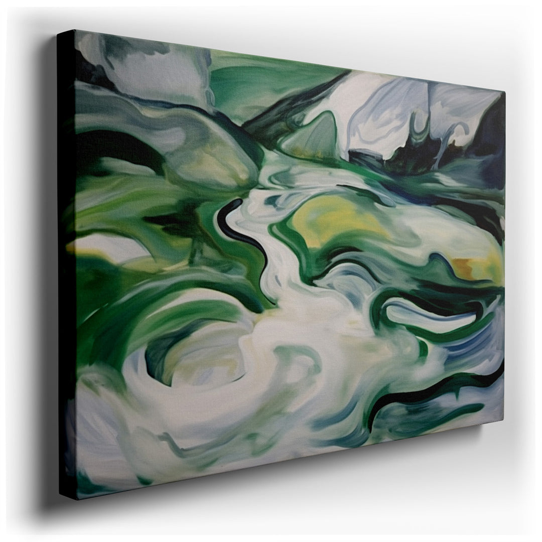 canvas print on wrapped canvas for wall decor – This enchanting abstract wall art, rich in vivid greens and dynamic shapes, offers a serene depiction of a lush landscap...