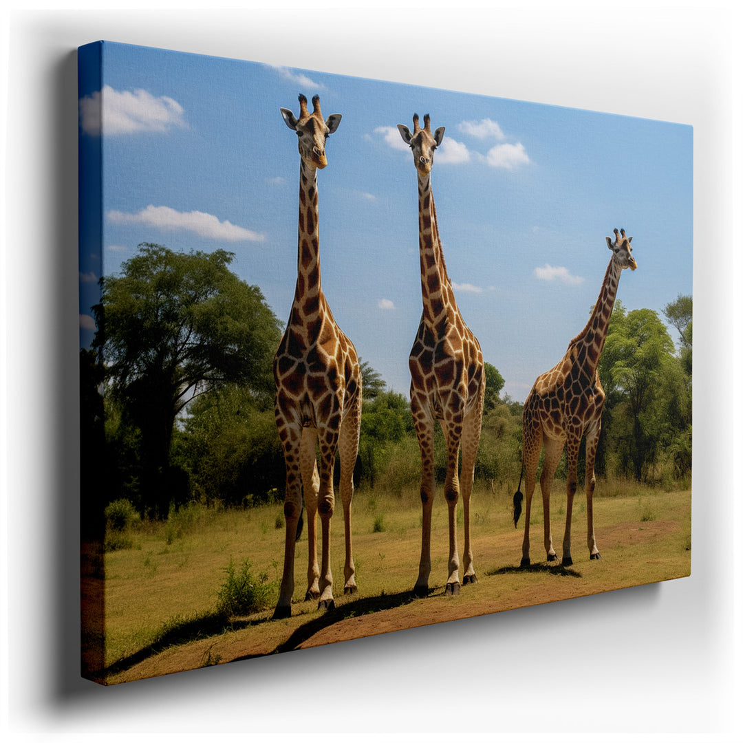 canvas print on wrapped canvas for wall decor – This captivating wall art portrays a serene tableau of three elegant giraffes poised gracefully in the expansive African...