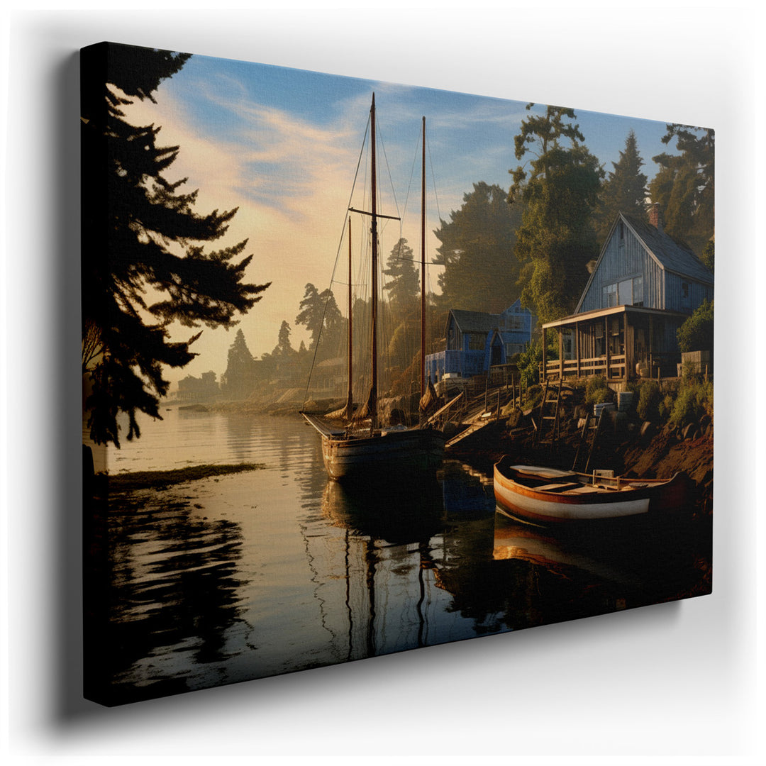 canvas print on wrapped canvas for wall decor – This enchanting wall art captures the serene essence of a cozy harbor at dusk, offering a picturesque scene that invites...