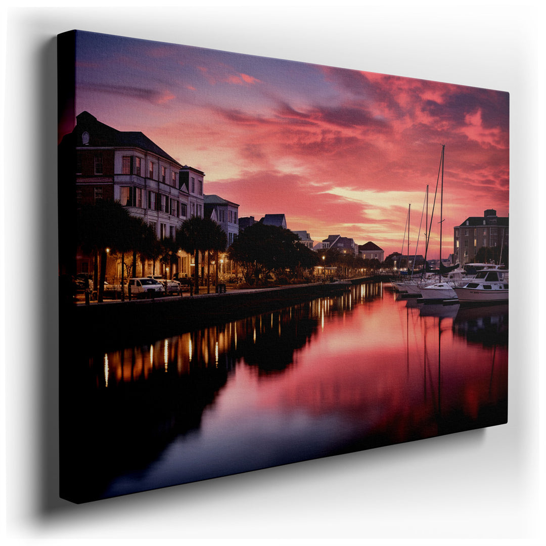 canvas print on wrapped canvas for wall decor – This enchanting wall art captures a tranquil harbor at the magical moment of sunset, where the sky meets the calm waters...