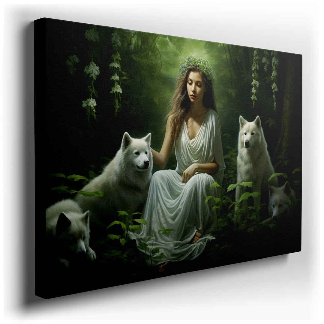canvas print on wrapped canvas for wall decor – This wall art, a captivating and ethereal depiction of a beautiful woman in serene communion with nature, surrounded by...