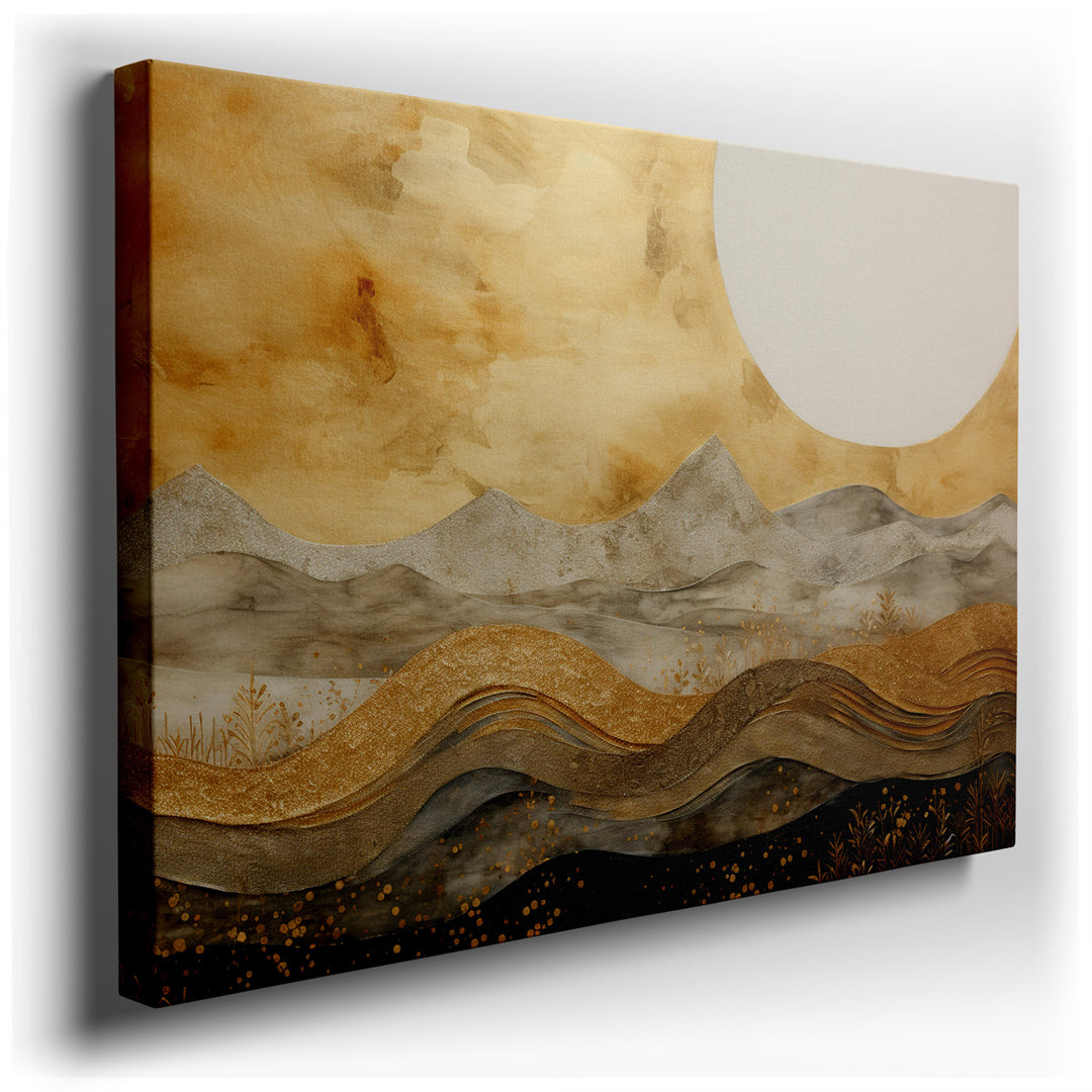 canvas print on wrapped canvas for wall decor – This enchanting abstract landscape wall art, rich in warm gold tones, masterfully uses flowing lines to depict a serene...